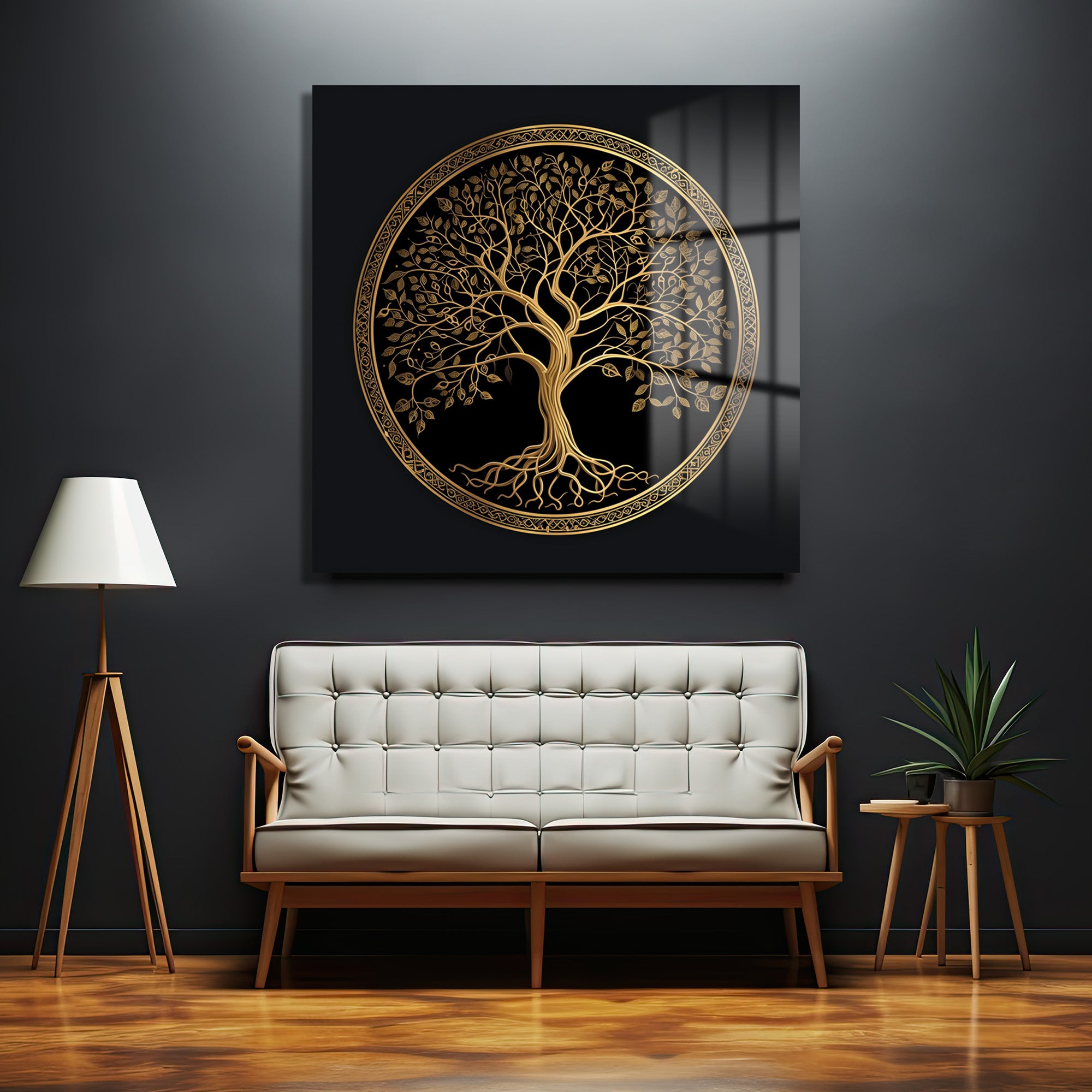 Görkemli Hayat Ağacı Altın Detaylı Siyah Cam Tablo