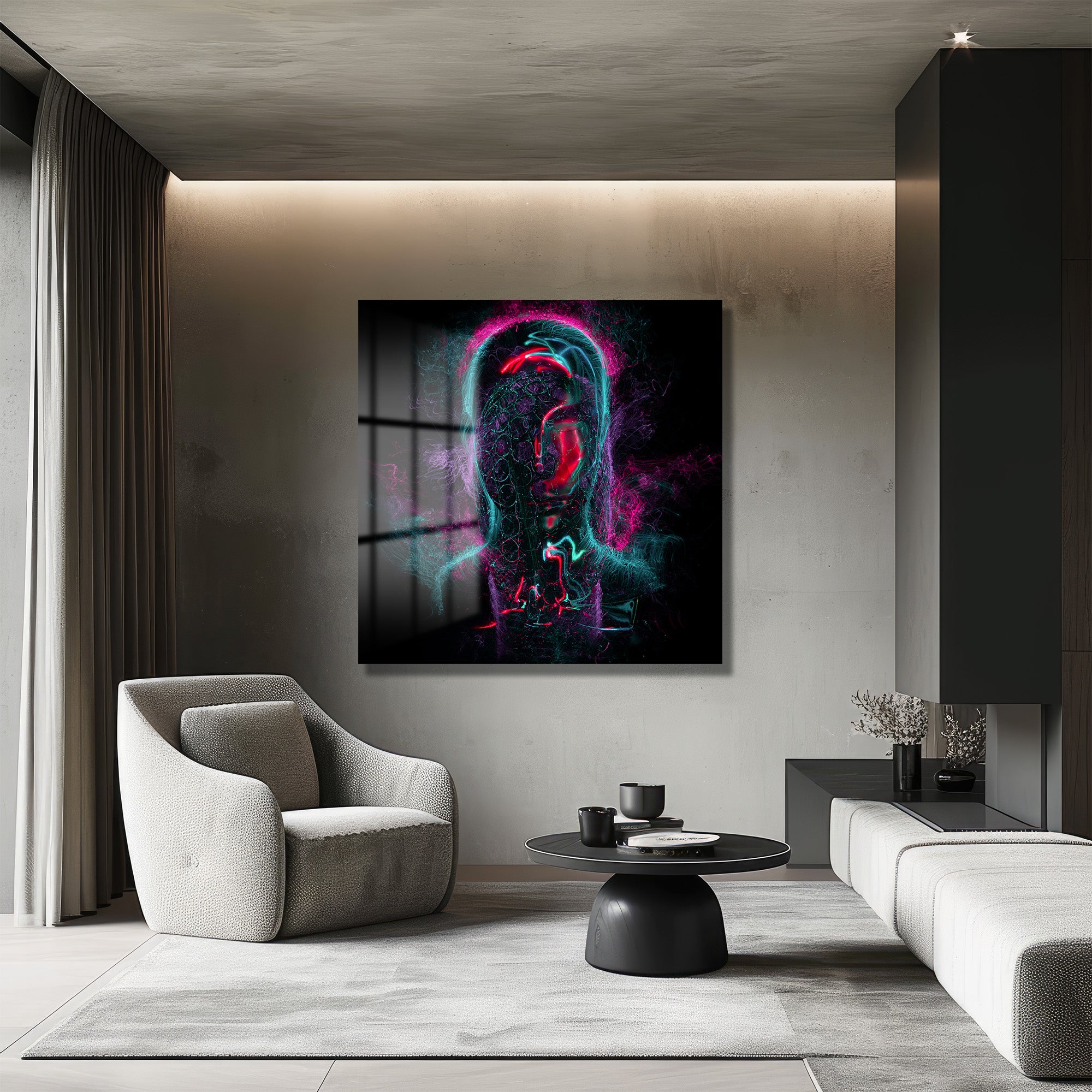 Neon Enerji İnsan Figürü Modern Cam Tablo