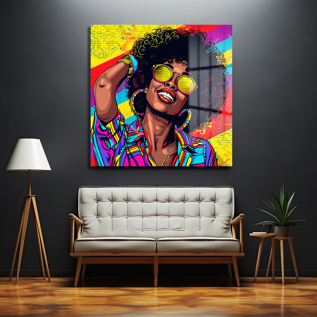 Pop Art Enerjili Renkli Kadın Portresi Cam Tablo