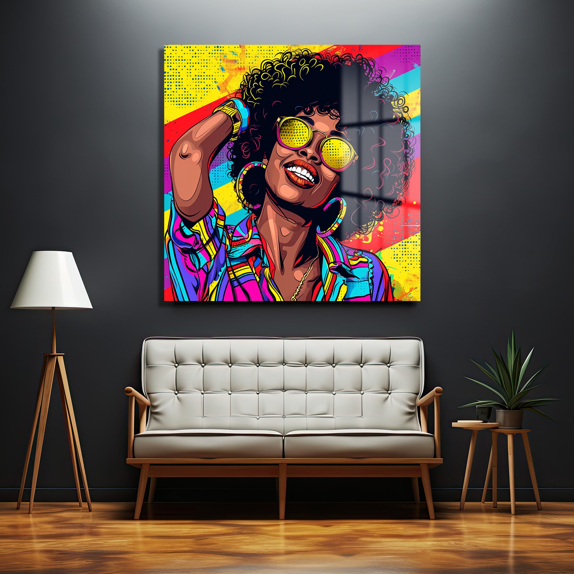 Pop Art Enerjili Renkli Kadın Portresi Cam Tablo