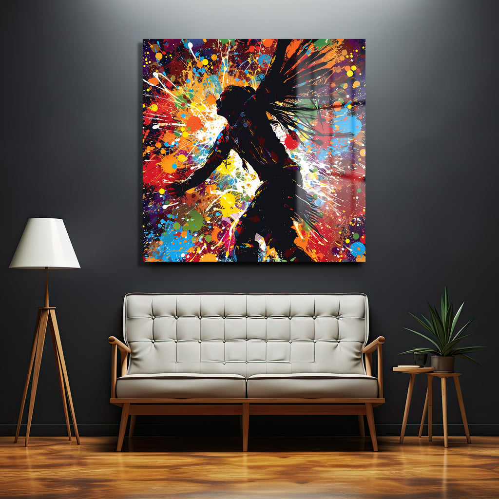 Enerjik Dansçı Silüeti Cam Tablo - Renk Patlaması Modern Sanat