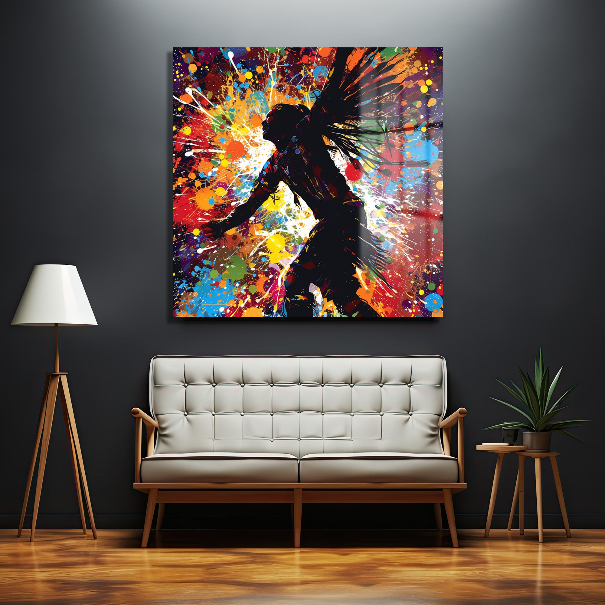 Enerjik Dansçı Silüeti Cam Tablo - Renk Patlaması Modern Sanat