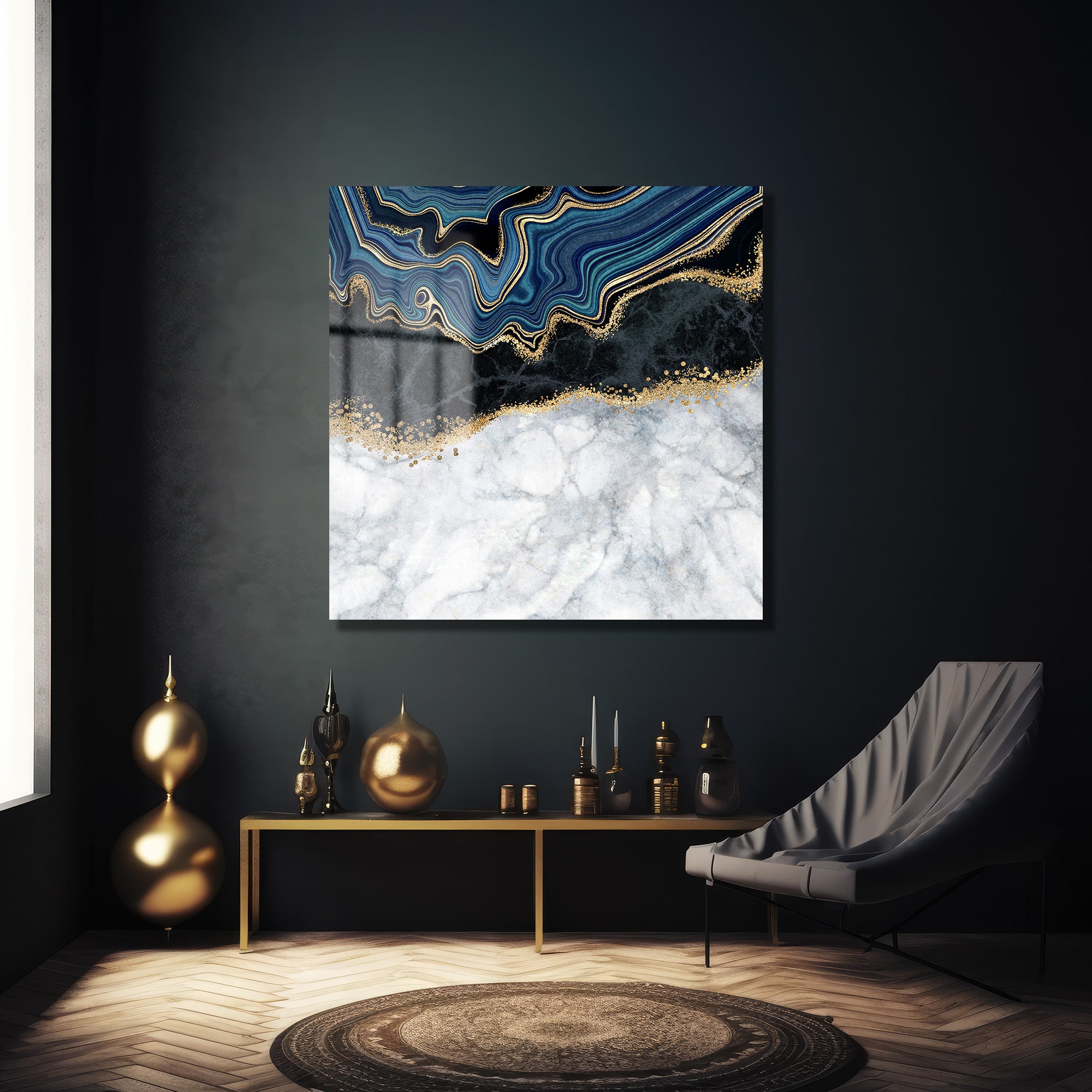 Lüks Geode Mavi ve Altın Desenli Modern Cam Tablo