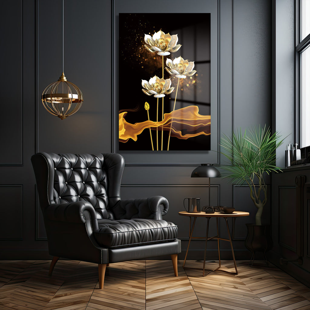 Lüks Altın Lotus Çiçekleri Cam Tablo | Modern Duvar Sanatı