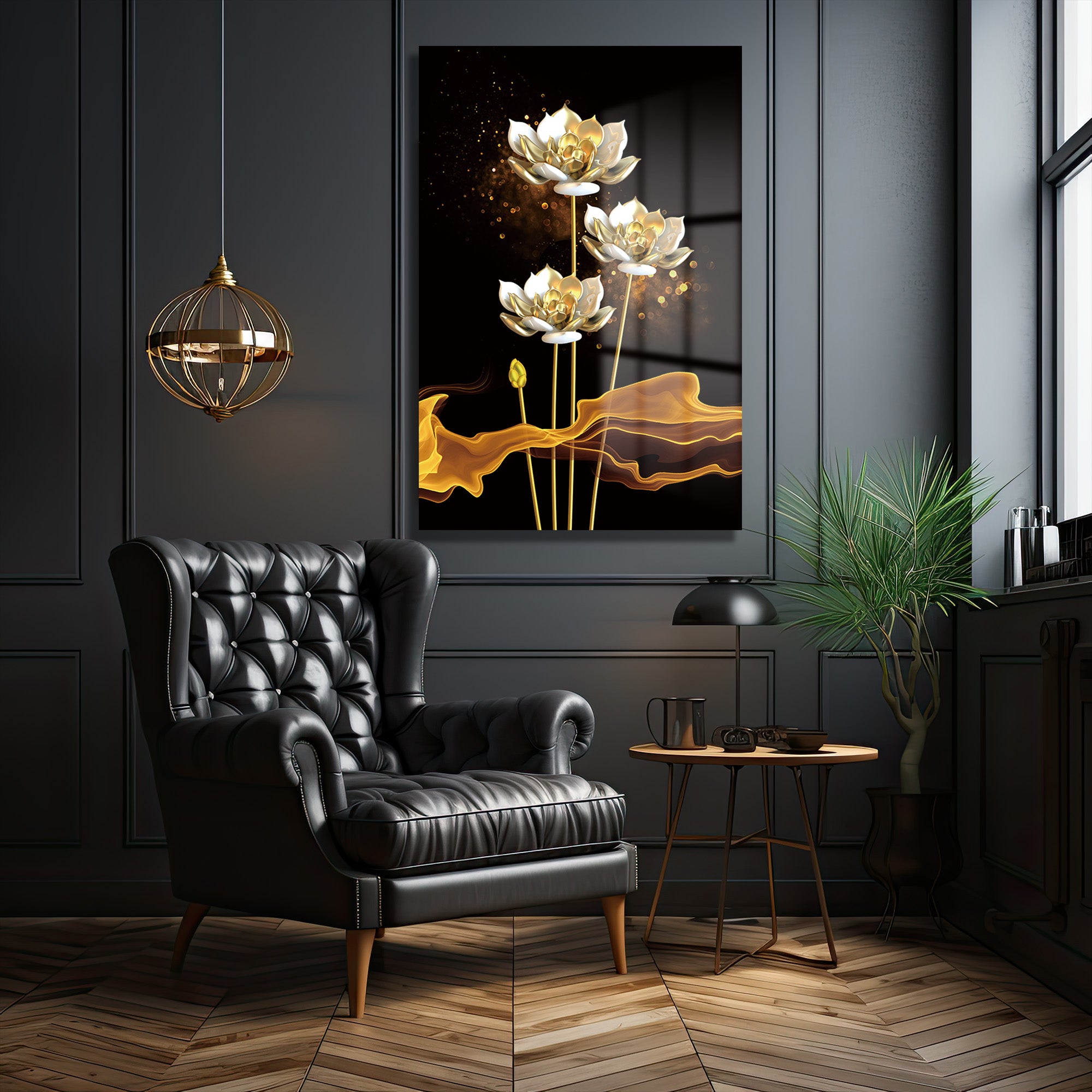 Lüks Altın Lotus Çiçekleri Cam Tablo | Modern Duvar Sanatı