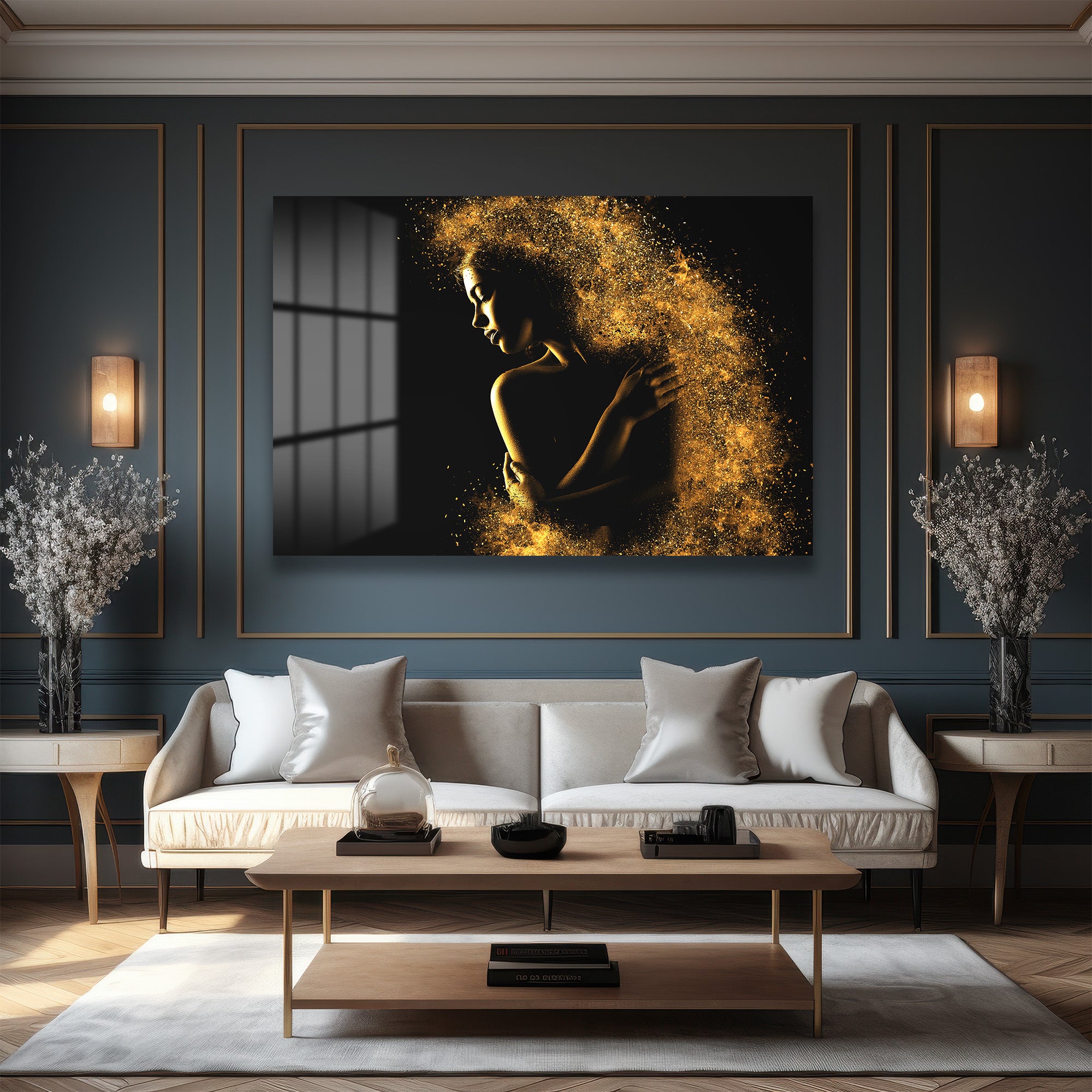 Altın Parıltılı Transformasyon: Ethereal Kadın Figürlü Modern Cam Tablo
