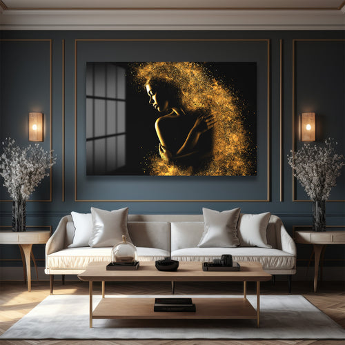 Altın Parıltılı Transformasyon: Ethereal Kadın Figürlü Modern Cam Tablo