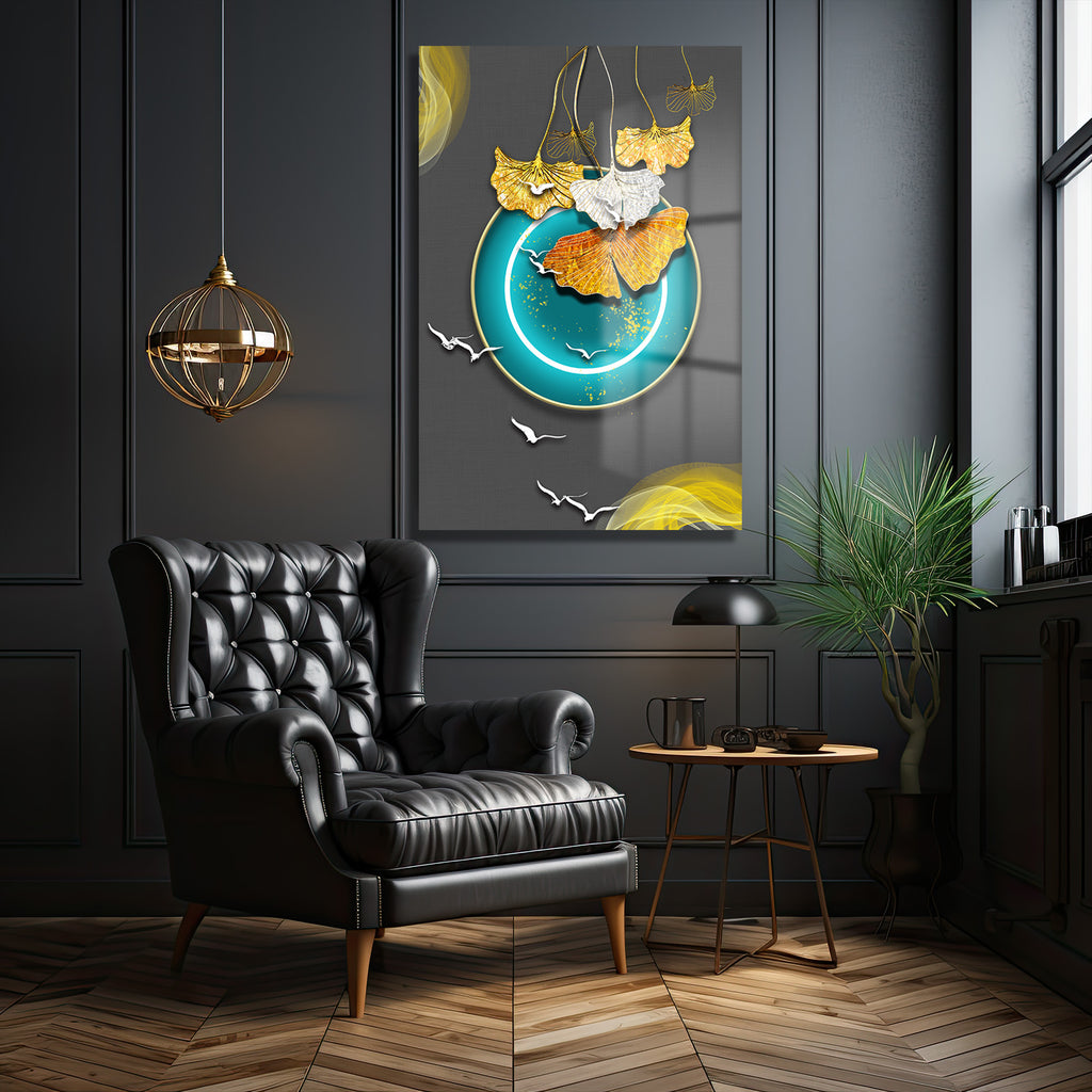 Ginkgo Yaprakları ve Teal Çemberli Modern Sanat Cam Tablo