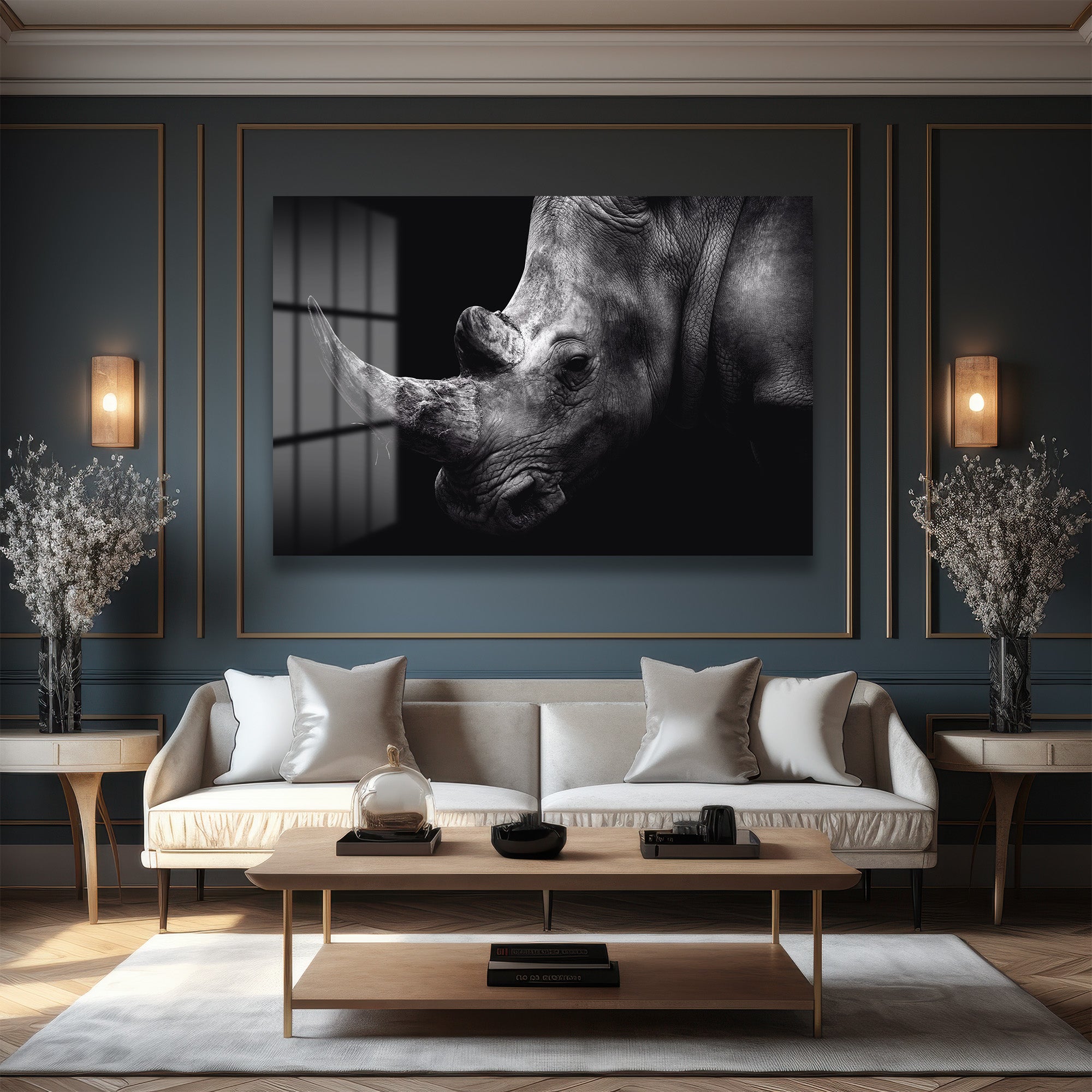 Heybetli Gergedan: Siyah Beyaz Modern Cam Tablo