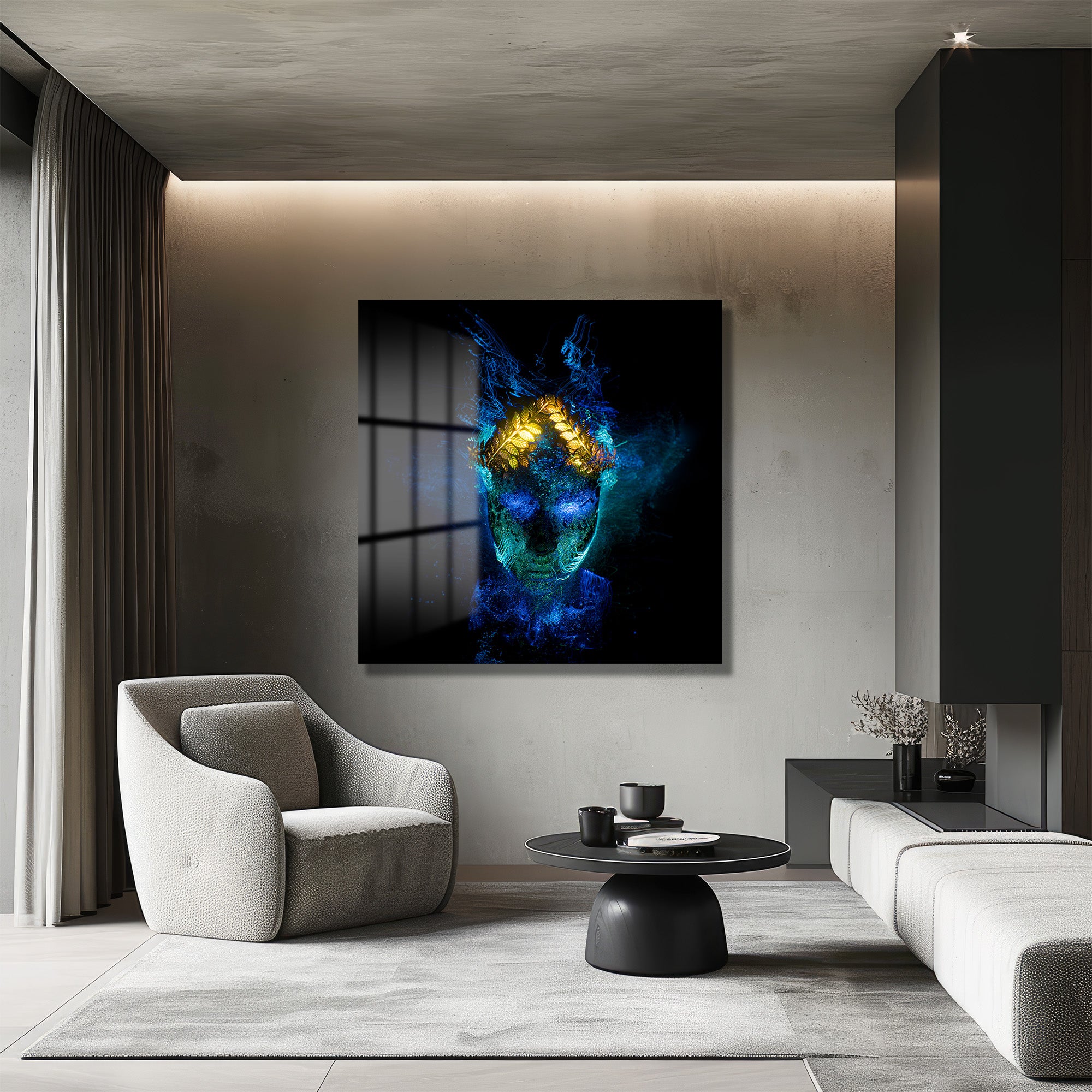 Mistik Aura: Dijital Sanat Temalı Işıltılı Cam Tablo