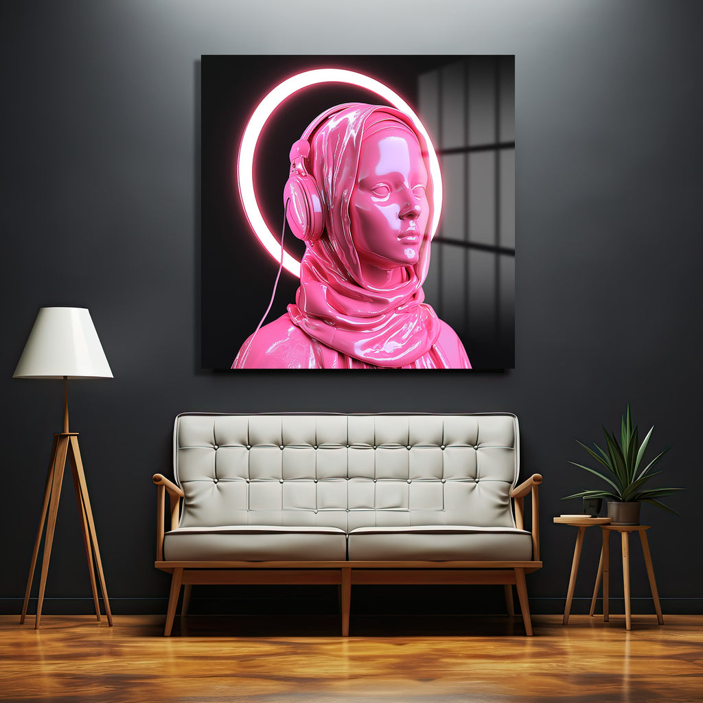 Pembe Neon Haleli Fütüristik Kadın Cam Tablo