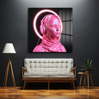 Pembe Neon Haleli Fütüristik Kadın Cam Tablo