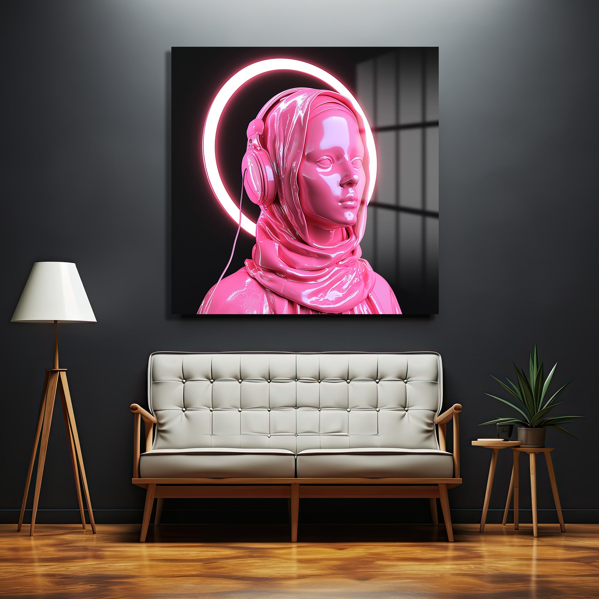 Pembe Neon Haleli Fütüristik Kadın Cam Tablo