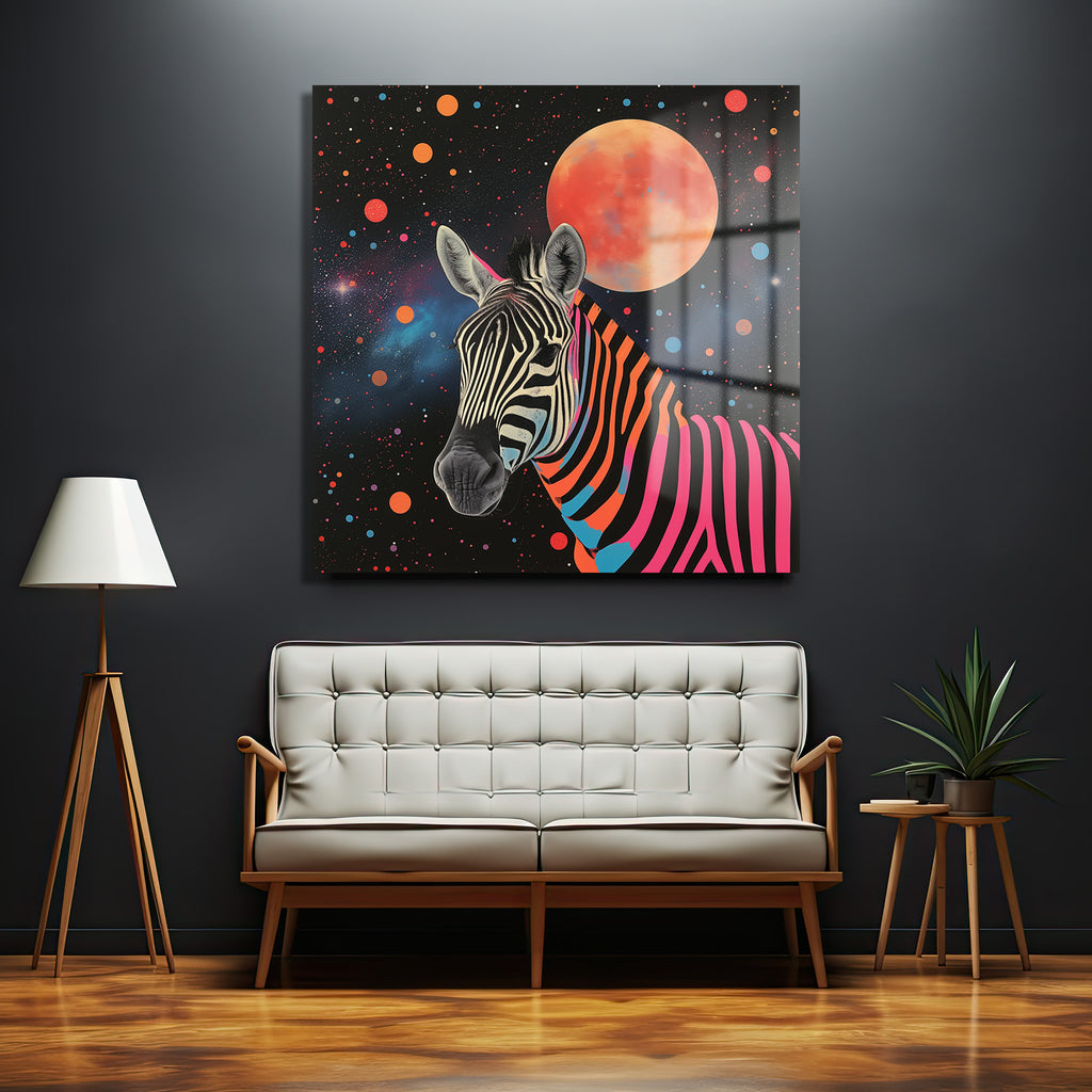Uzaydaki Neon Zebra Temalı Dekoratif Cam Tablo