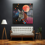 Uzaydaki Neon Zebra Temalı Dekoratif Cam Tablo