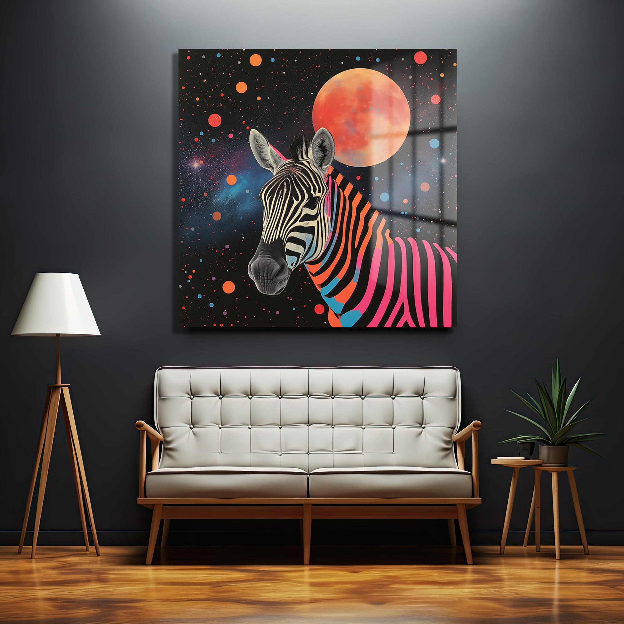 Uzaydaki Neon Zebra Temalı Dekoratif Cam Tablo