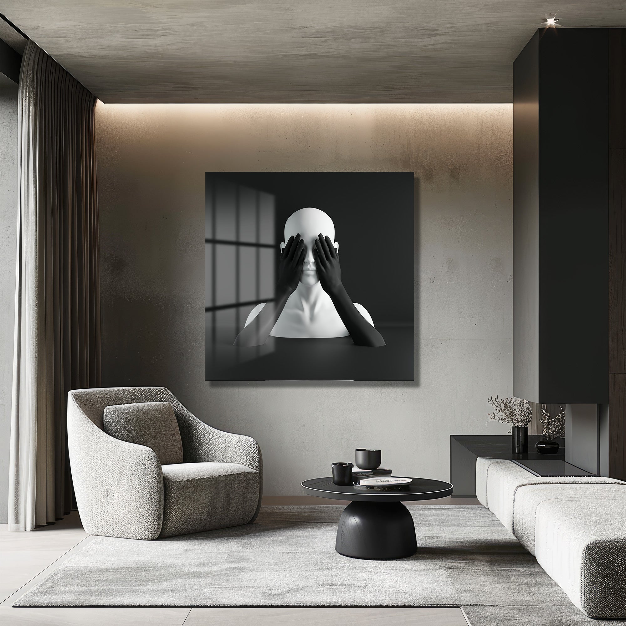 Siyah Beyaz Minimalist Duygusallık Cam Tablo
