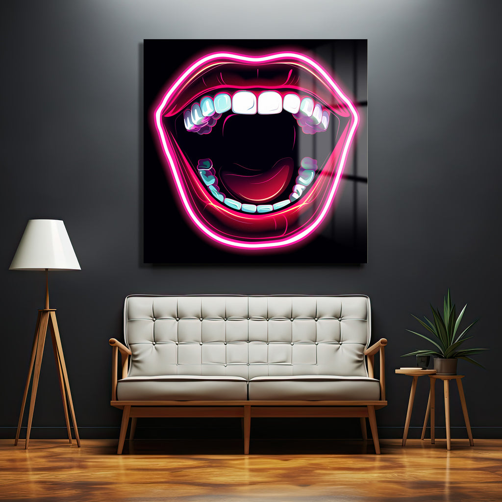Neon Dudaklar Pop Art Cam Tablo - Enerjik Duvar Sanatı