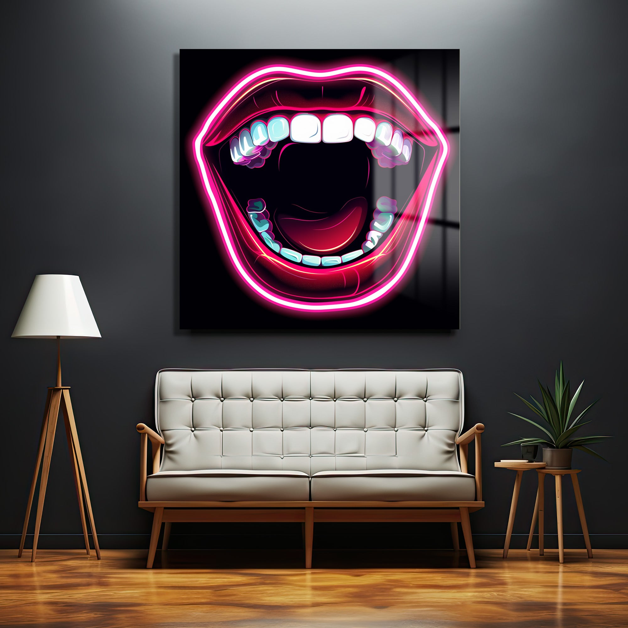 Neon Dudaklar Pop Art Cam Tablo - Enerjik Duvar Sanatı