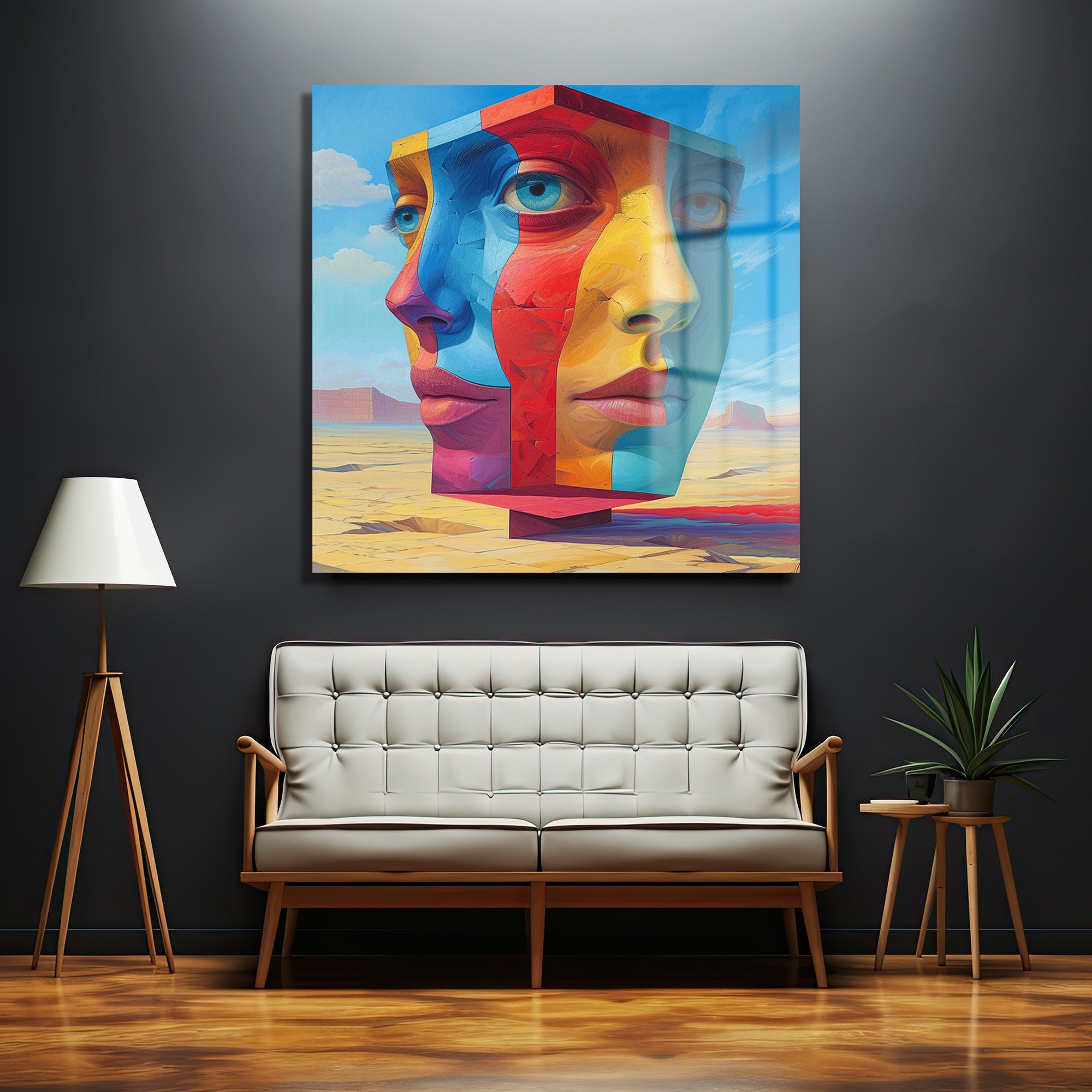 Sürreal Kübist Yüz Manzarası Cam Tablo - Modern Sanat Duvar Dekoru