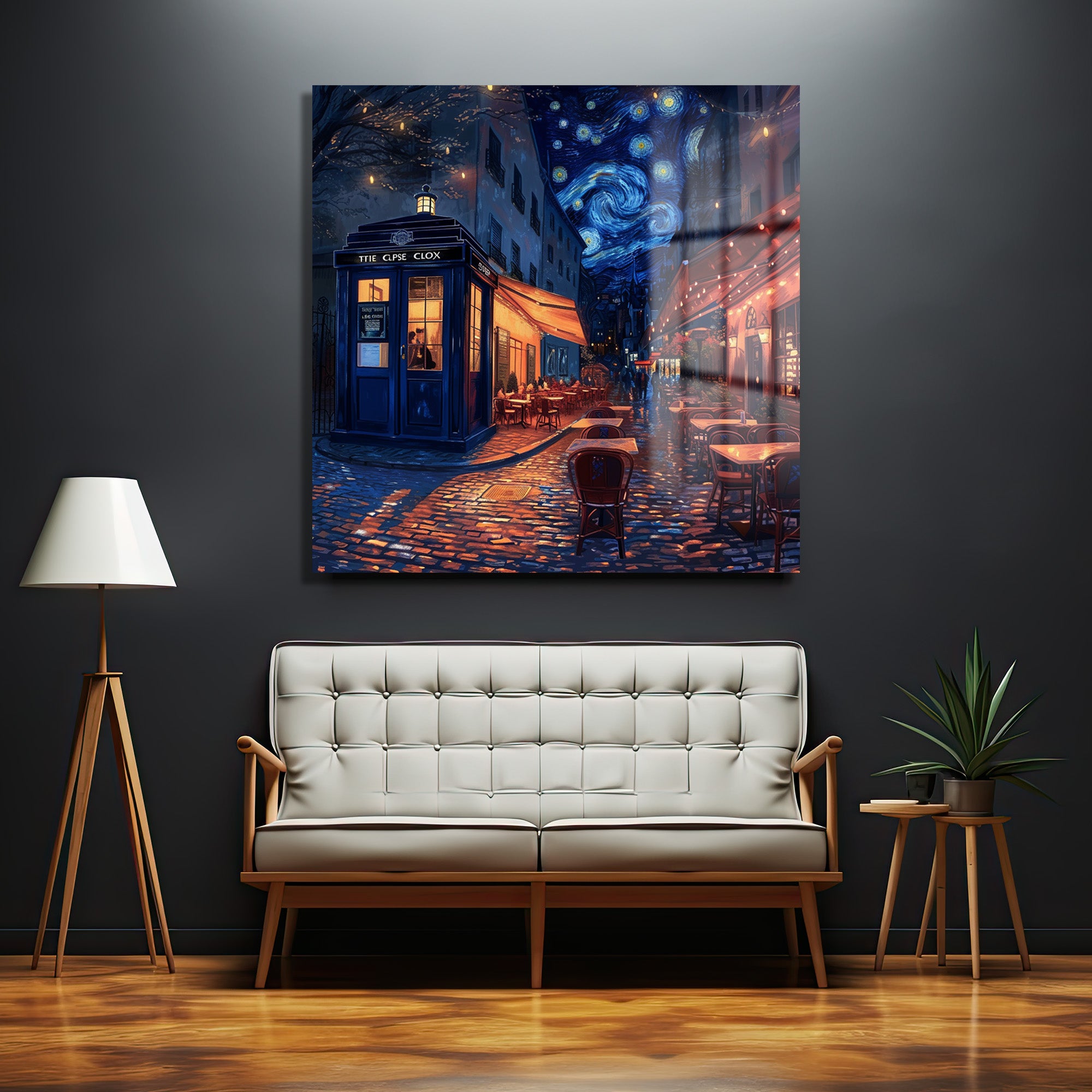Yıldızlı Gece Paris Sokağı ve Gizemli TARDIS Cam Tablo