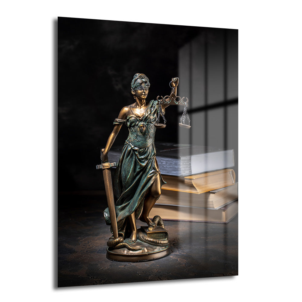 Karanlık bir arka planda, gözleri bağlı, bir elinde terazi, diğer elinde kılıç tutan, ayaklarının dibinde yılan olan bronz renkli Themis (Adalet Tanrıçası) heykeli ve arka planda kitaplar bulunan cam tablo.
