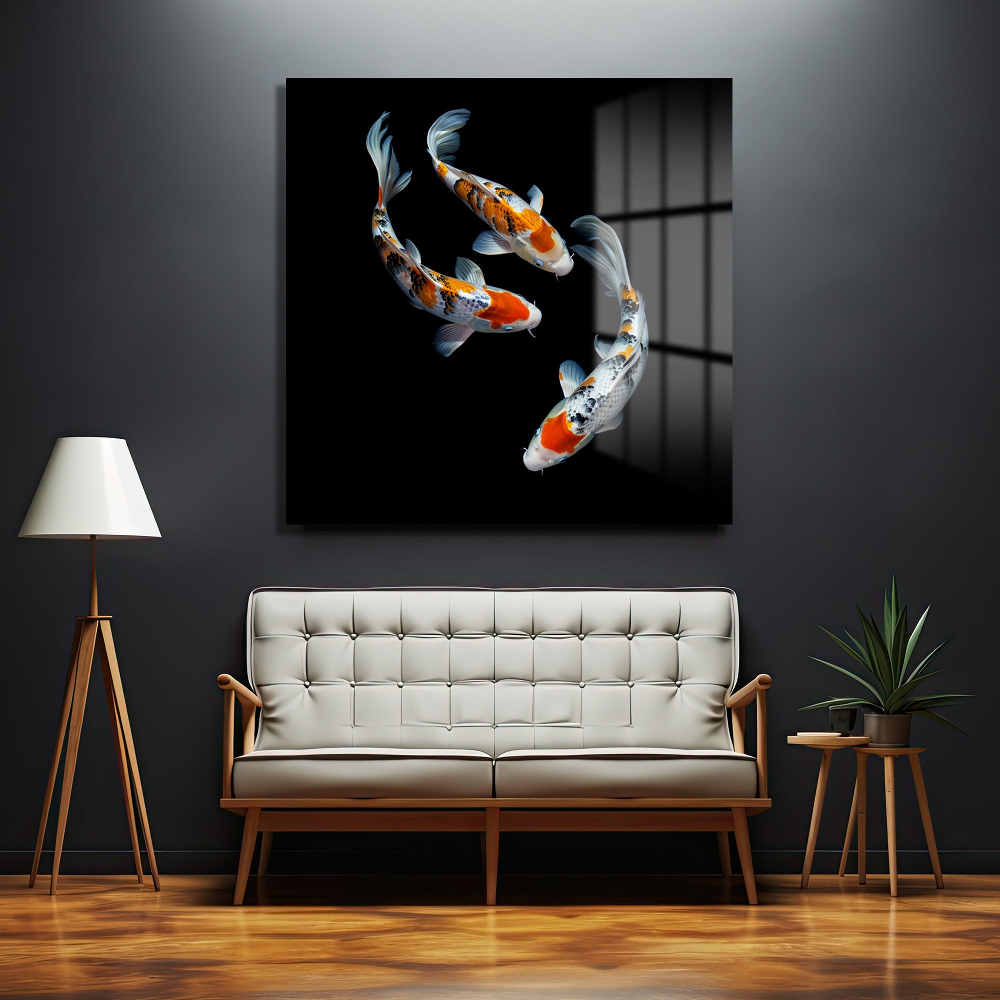 Uyumlu Koi Balıkları Cam Tablo – Feng Shui ve Zarafet