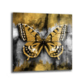 Gri ve siyah soyut fırça darbeli arka plan üzerinde, kanatları altın rengi parlayan detaylı bir kelebek figürü içeren modern cam tablo.