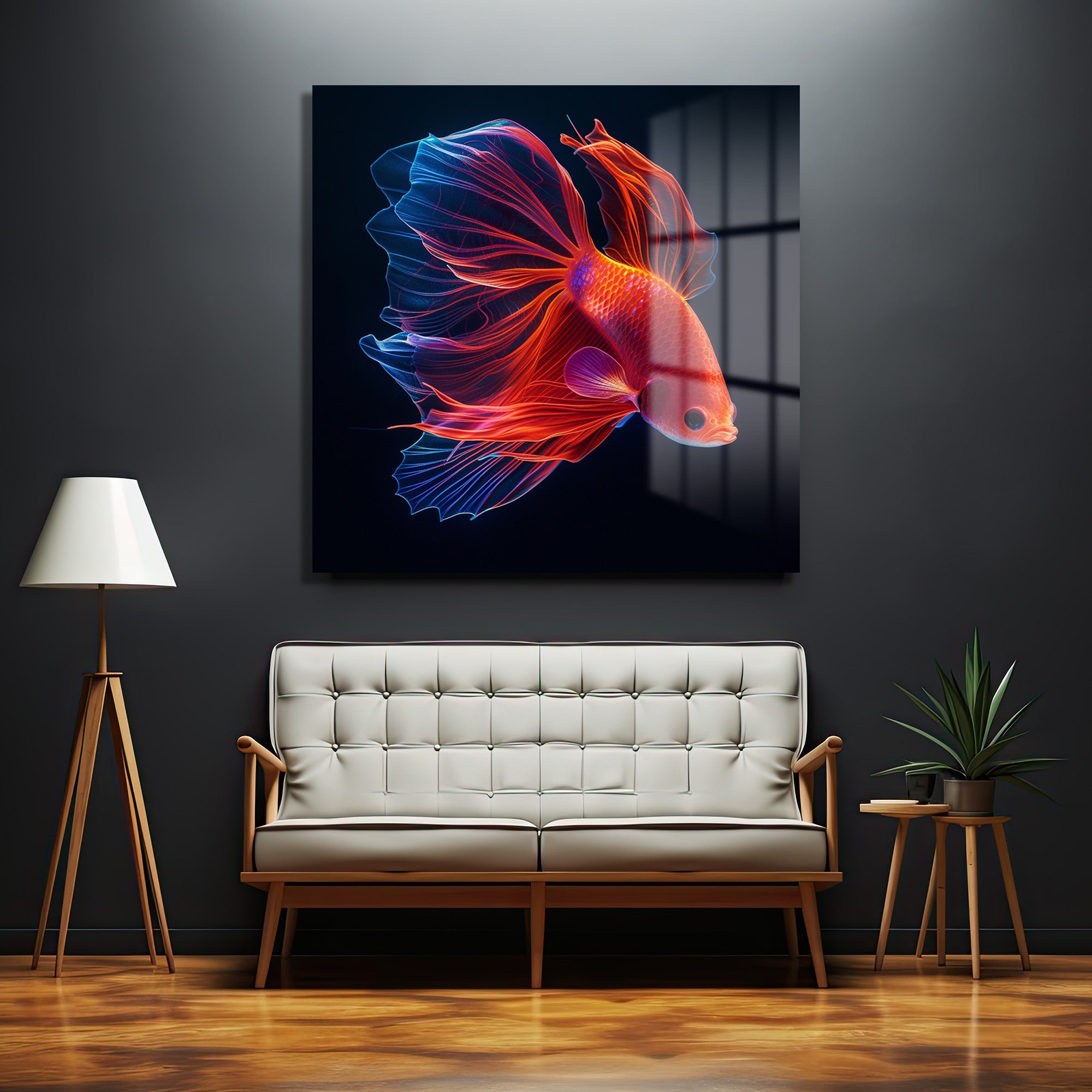 Ateş ve Buz Betta Balığı Cam Tablo - Neon Işıltılı Sanat