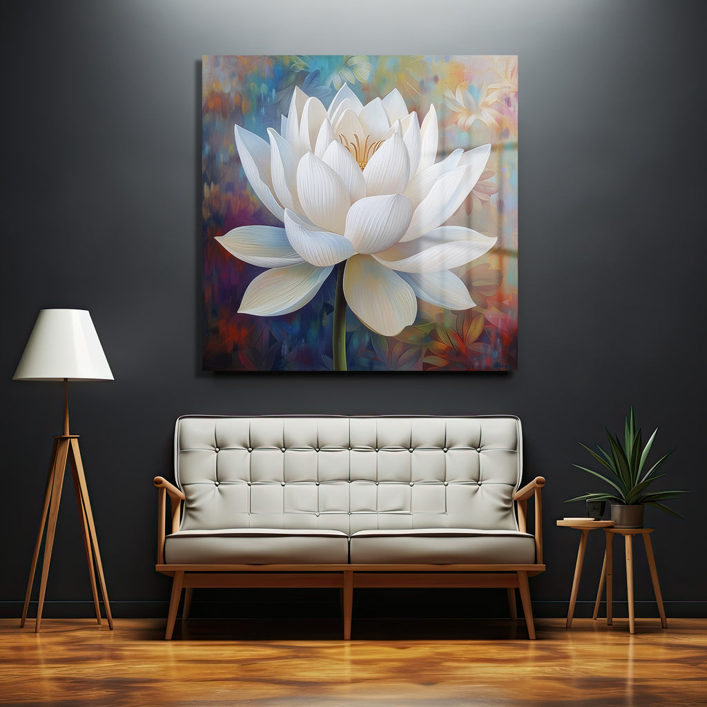 Zarif Beyaz Lotus Çiçeği Modern Sanat Cam Tablo