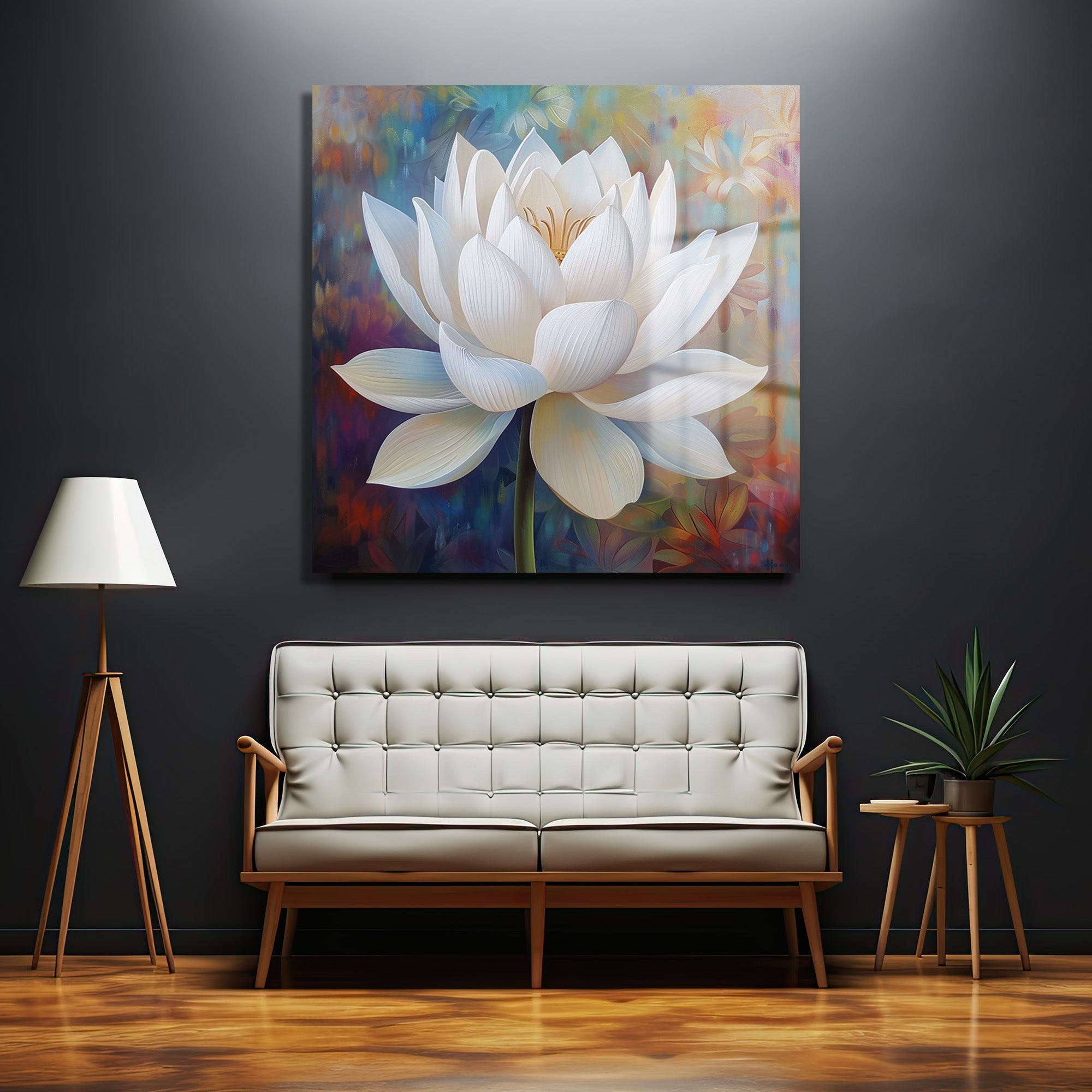 Zarif Beyaz Lotus Çiçeği Modern Sanat Cam Tablo