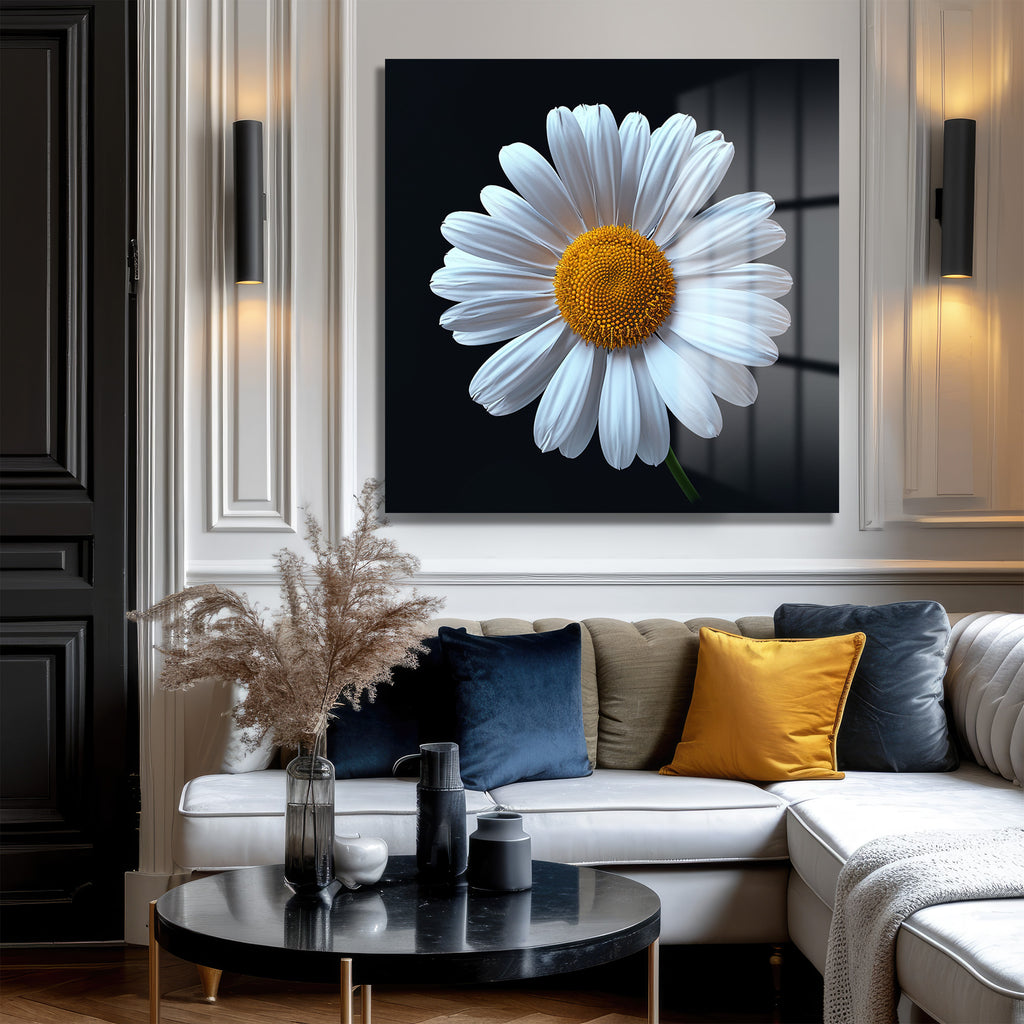 Beyaz Papatya Zarafeti Cam Tablo - Minimalist Çiçek Sanatı