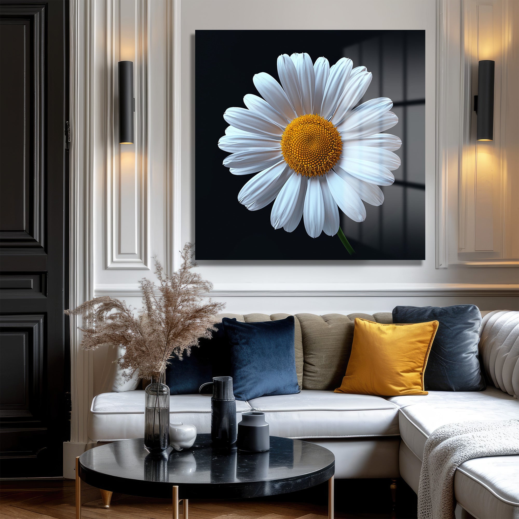 Beyaz Papatya Zarafeti Cam Tablo - Minimalist Çiçek Sanatı