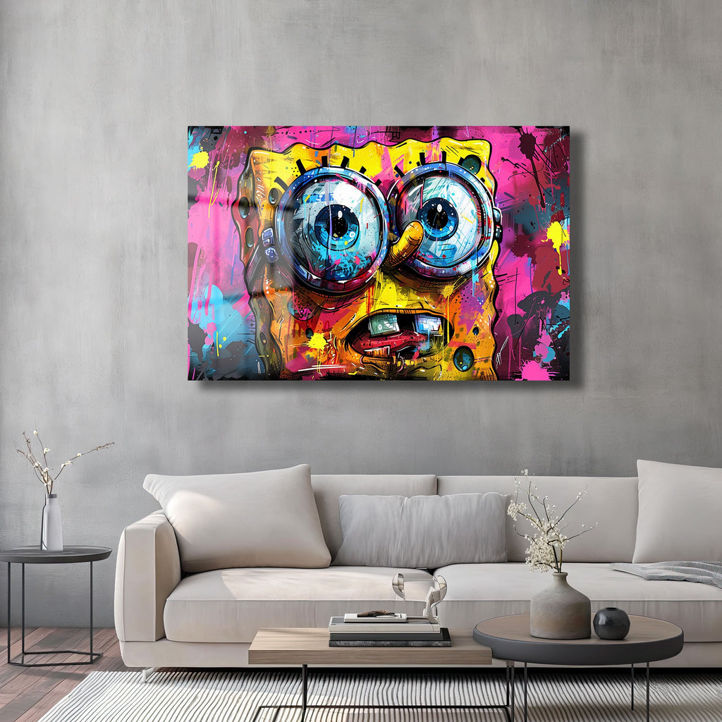 SpongeBob Graffiti Patlaması: Modern Sanat Temperli Cam Tablo