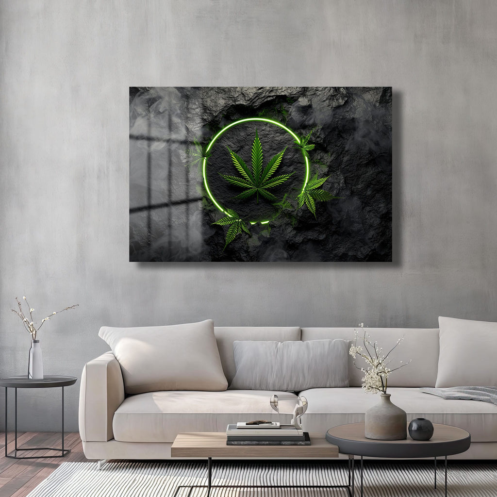 Neon Işıklı Kenevir Yaprağı Modern Cam Tablo