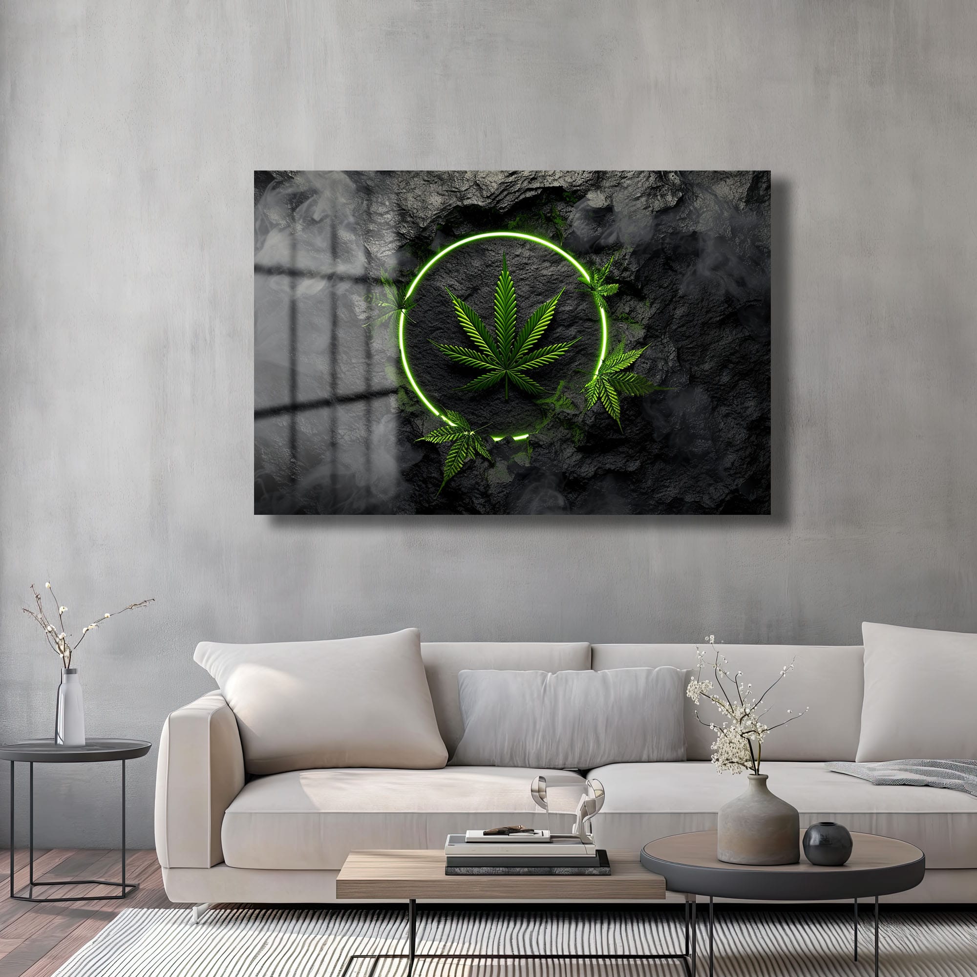 Neon Işıklı Kenevir Yaprağı Modern Cam Tablo