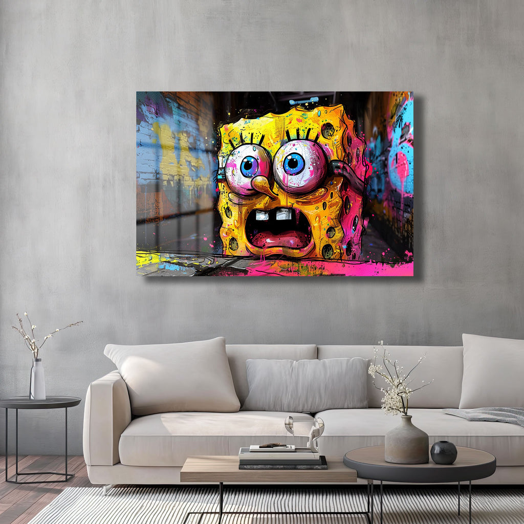 Sünger Bob'un Şaşkınlığı: Urban Graffiti Cam Tablo