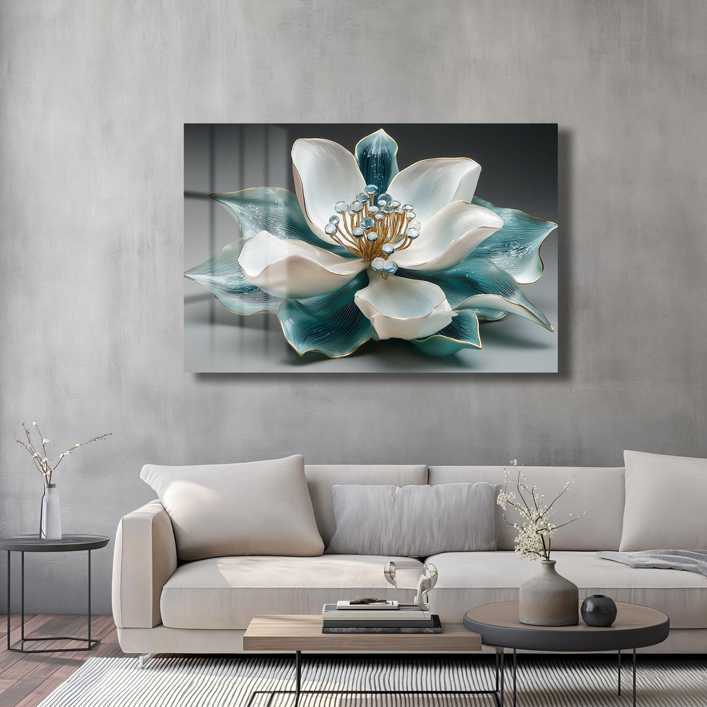 Aqua Lotus Zarafeti: Altın Detaylı Modern Cam Tablo