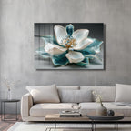 Aqua Lotus Zarafeti: Altın Detaylı Modern Cam Tablo