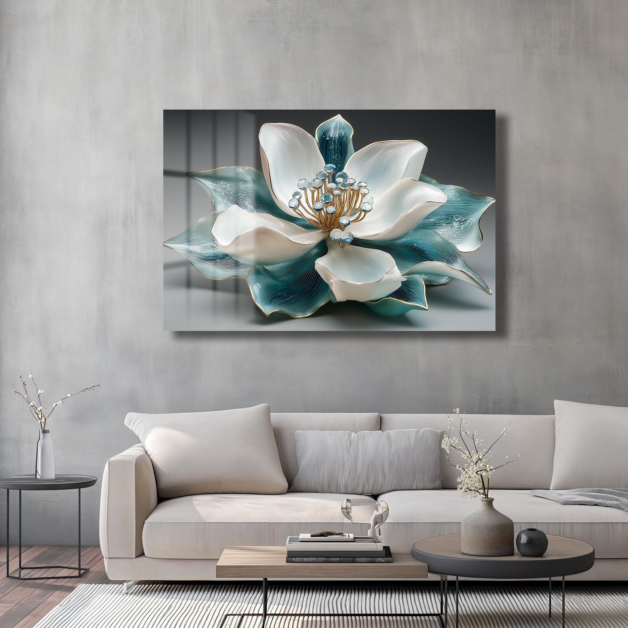 Aqua Lotus Zarafeti: Altın Detaylı Modern Cam Tablo