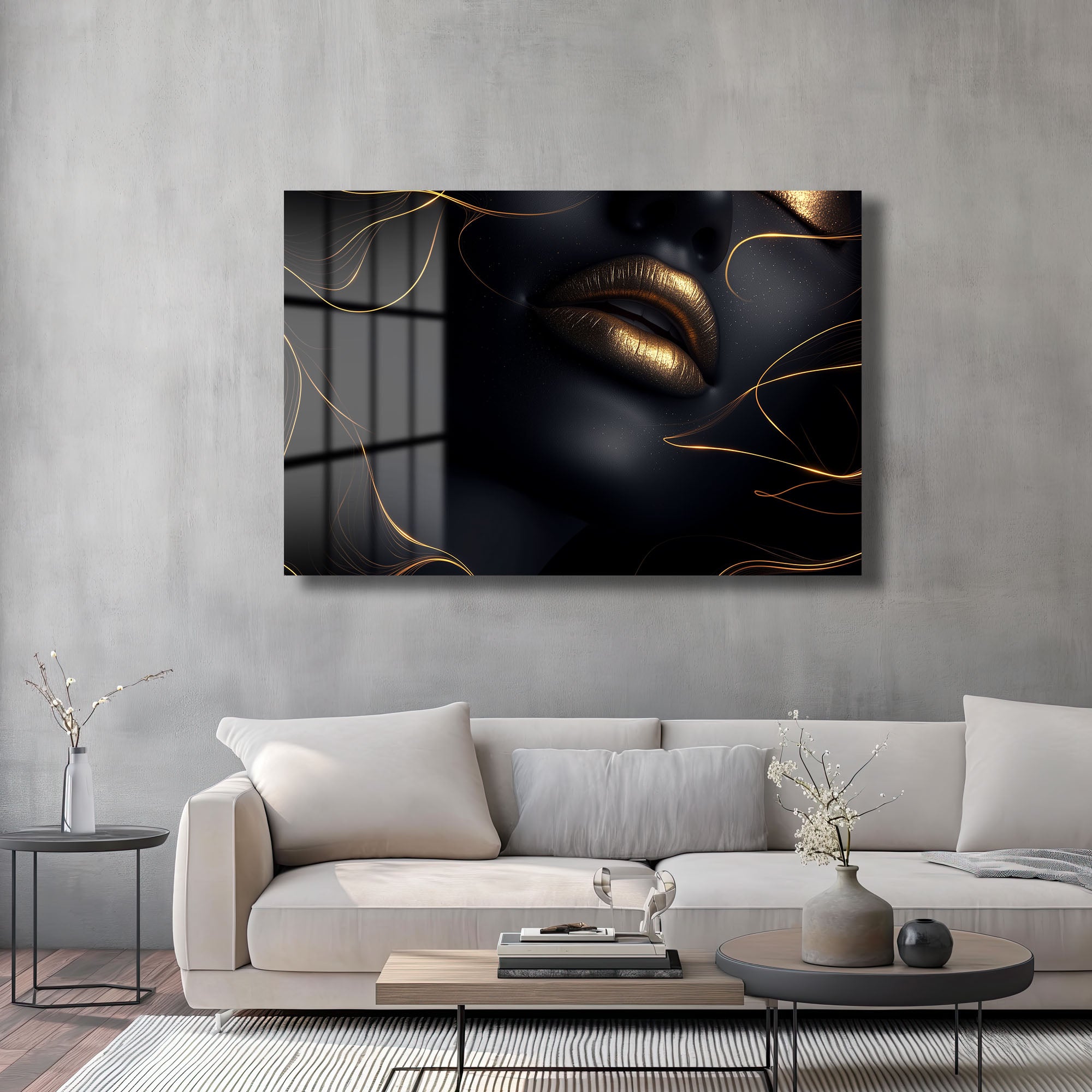 Gizemli Altın Dudaklar: Modern Sanat Cam Tablo