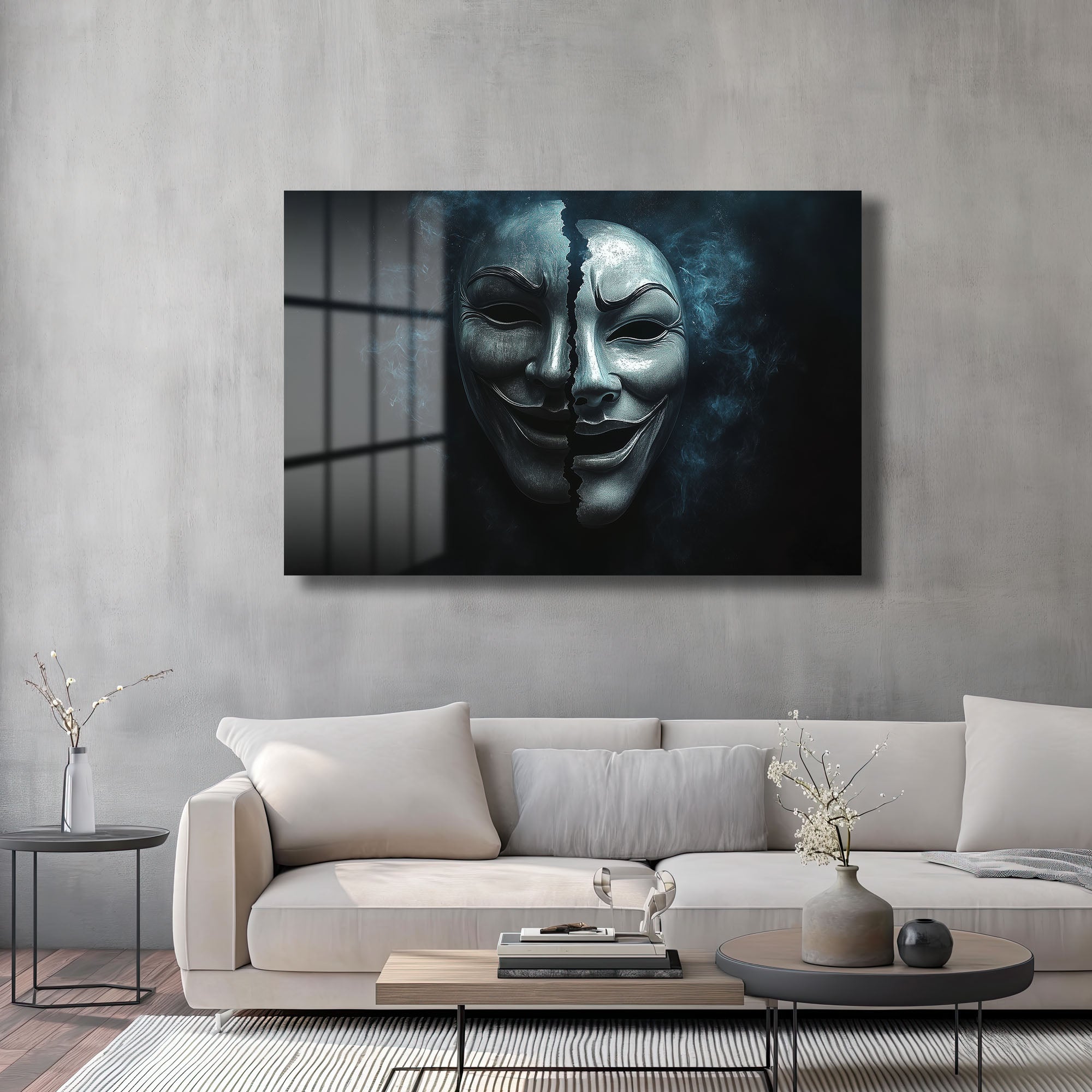 İki Yüzlü Maske: Gizemli Denge Modern Cam Tablo