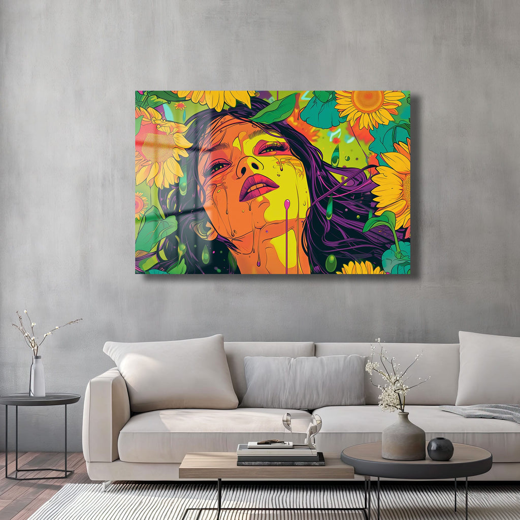 Günebakanın Gözyaşları: Canlı Pop Art Cam Tablo - Modern Duvar Dekorasyonu