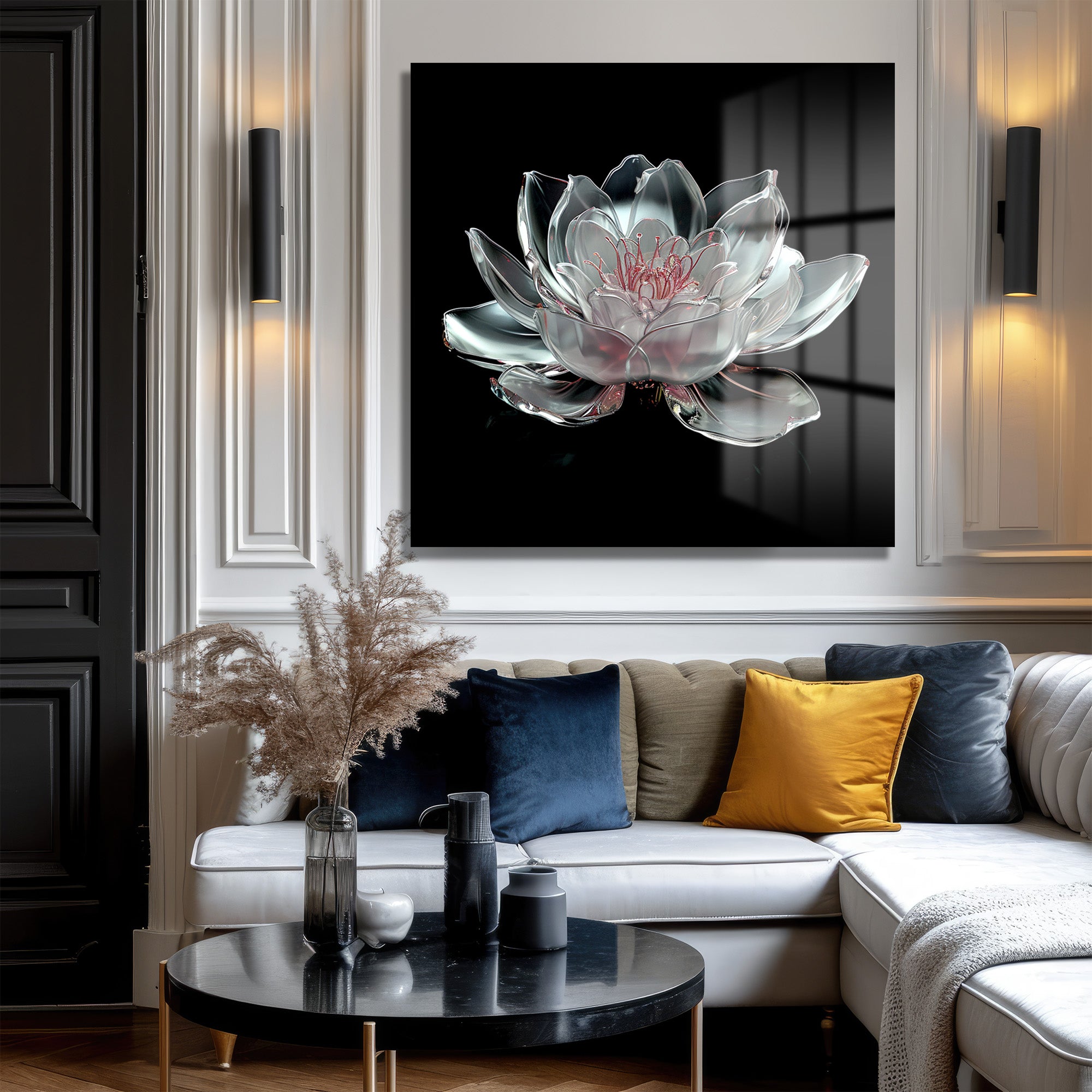 Ethereal Cam Lotus Çiçeği Cam Tablo: Zarafetin Yansıması