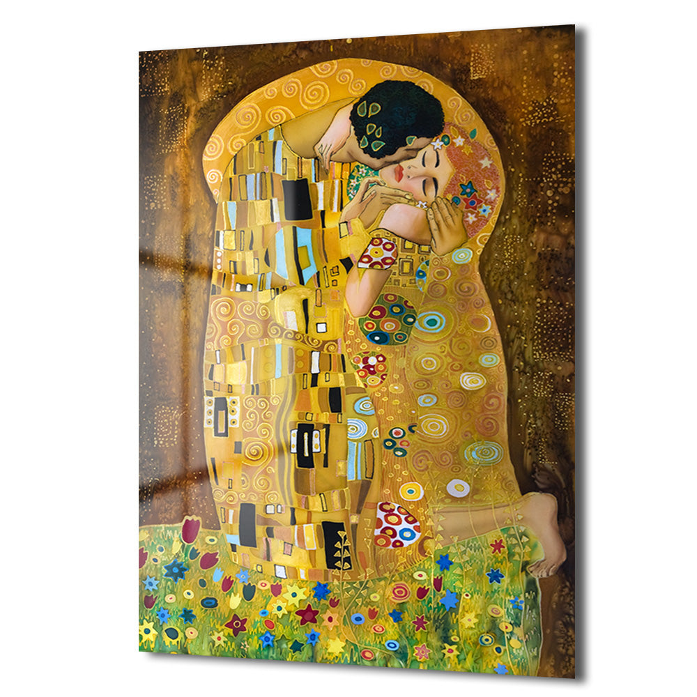 Gustav Klimt Öpücük Cam Tablo - Aşkın Altın Dokunuşu