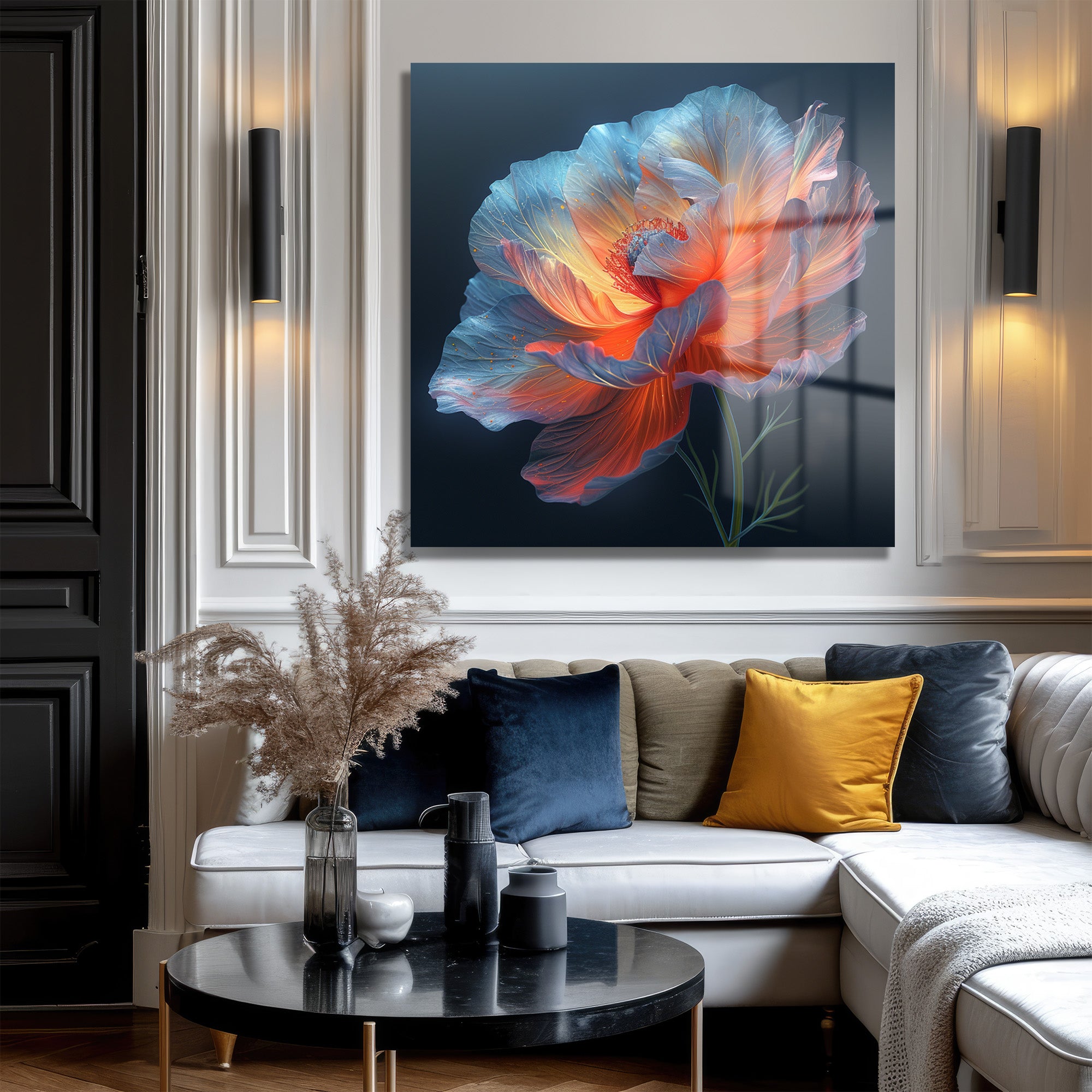Ethereal Parlak Çiçek Sanatı Modern Cam Tablo
