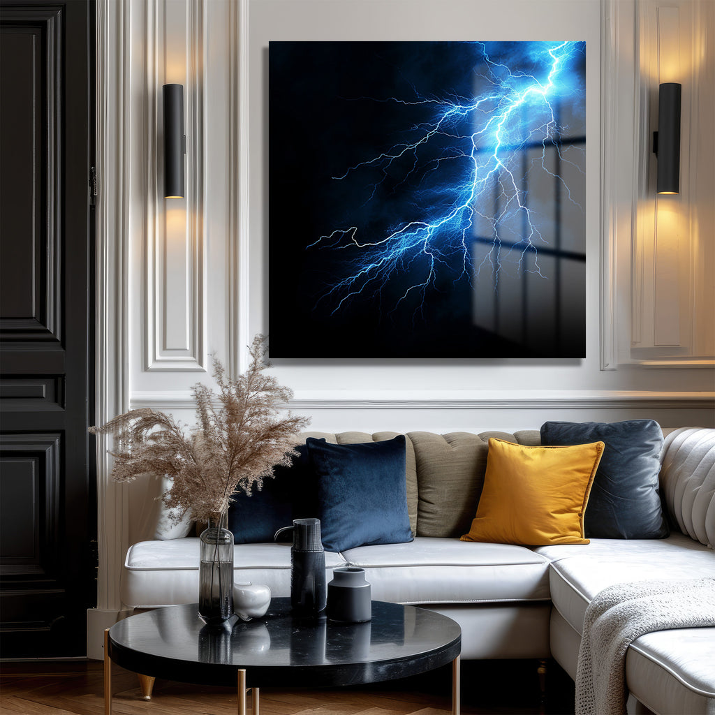 Enerjik Mavi Şimşek Modern Cam Tablo