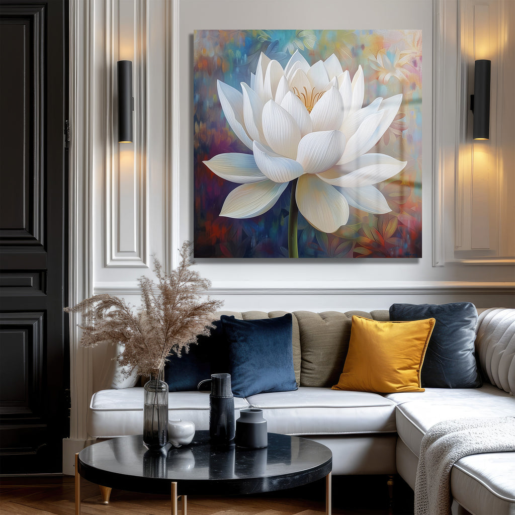 Zarif Beyaz Lotus Çiçeği Modern Sanat Cam Tablo