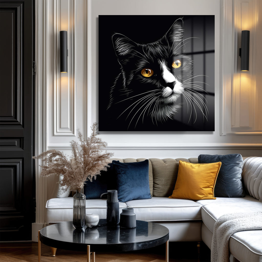 Gizemli Bakışlar: Siyah Kedi Cam Tablo