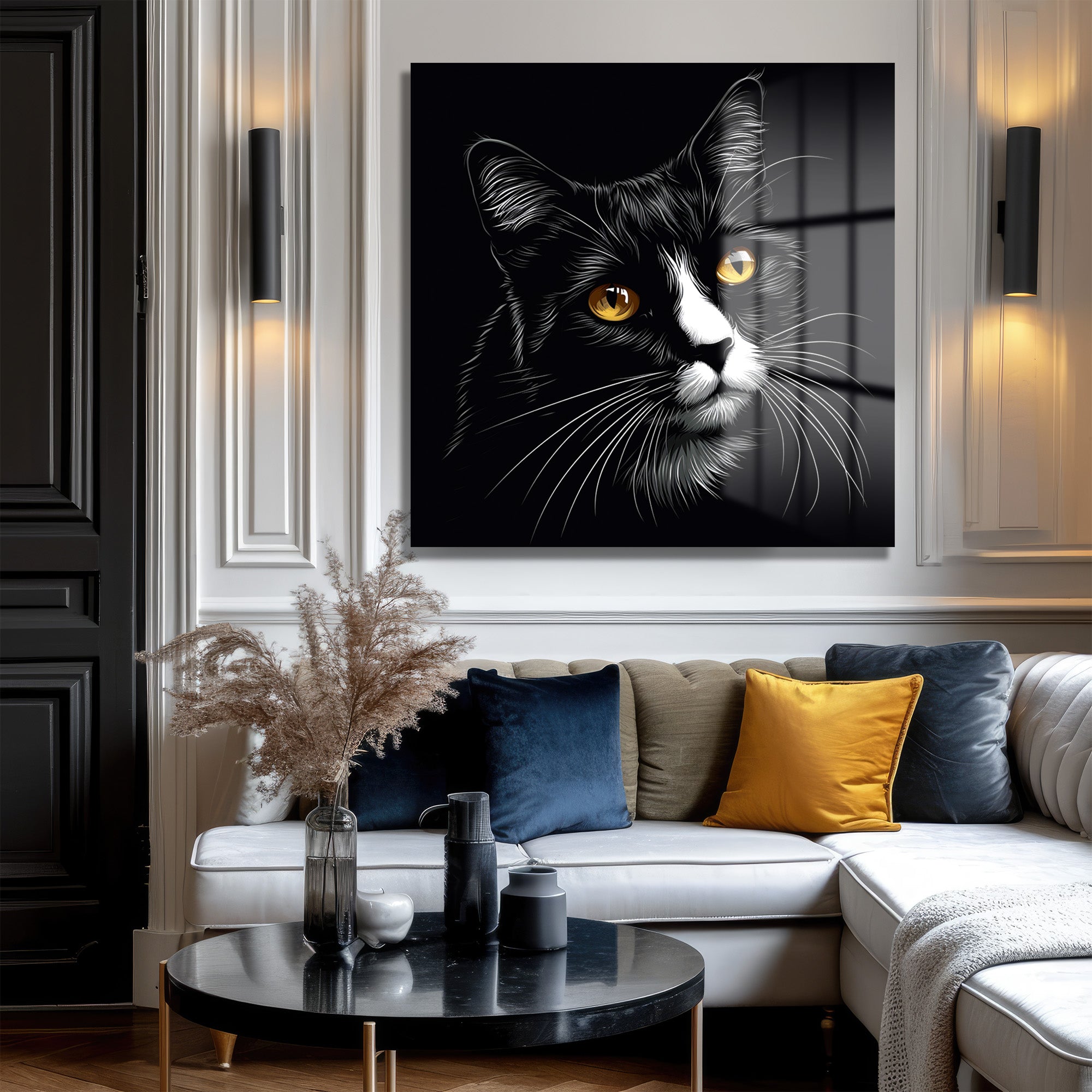 Gizemli Bakışlar: Siyah Kedi Cam Tablo